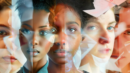 A digital composite image showing multiple overlapping faces of diverse people against a backdrop of binary code and tech elements, symbolizing the intersection of humanity and technology.