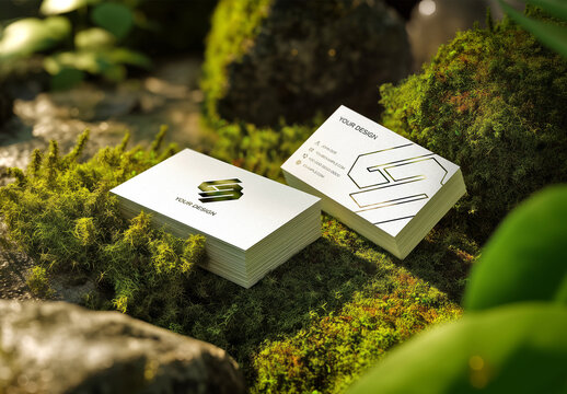 Two Business Cards Stacks On Moss Mockup