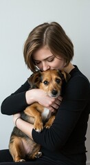 Tender moment of young woman hugging her dog isolated on white background symbolizing unconditional love and loyalty. Generative AI