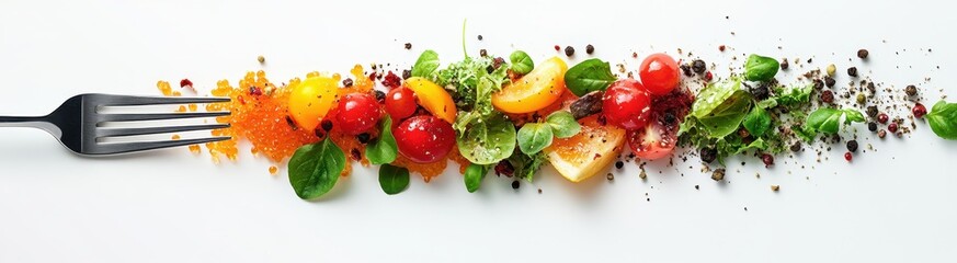 Vibrant Fresh Ingredients with Varied Colors and Textures Arranged Neatly on a White Background with a Fork and Spices Nearby Enhancing Presentation