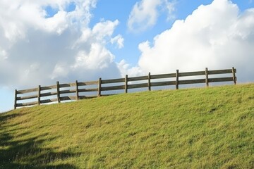 Cow Standing by Wooden Fence on Grassy Hill with Cloud Shadows