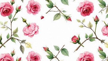 Delicate watercolor rose buds & leaves, repeating pattern, flower, pattern, red