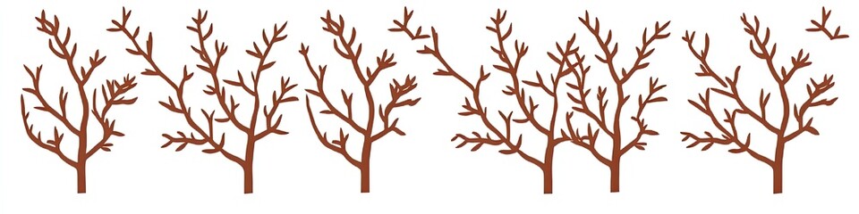 Obraz premium Stylized illustration of eight bare, reddish-brown branches against a white background