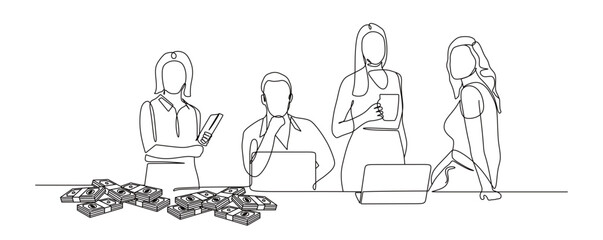 one continuous line of man and woman are having a meeting and discussing at the desk with piles of money. vector illustration