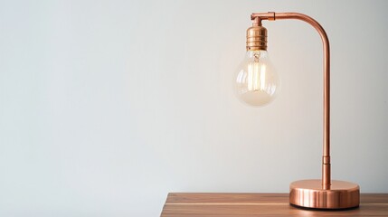 Industrial copper table lamp with exposed bulb on white background.