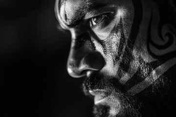 Obraz premium Maori Warrior Profile with Traditional Ta Moko Face Tattoo and Intense Expression