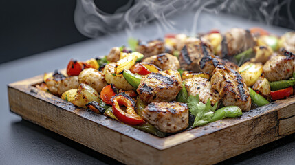 delicious gourmet fajita platter featuring grilled chicken, colorful vegetables, and aromatic smoke, perfect for sharing