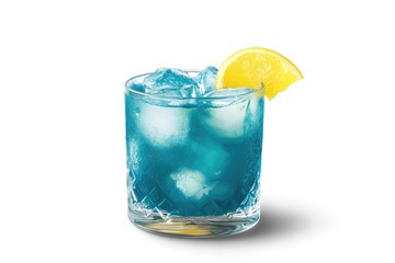 Icy blue cocktail in rocks glass, garnished with lemon