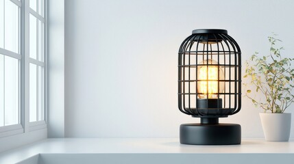 Industrial table lamp with a matte black base and cage-style shade on white surface.