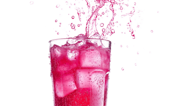 A glass of pink drink with ice cubes in it
