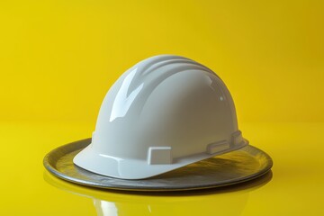 Fototapeta premium White safety helmet on a metallic plate against a bright yellow backdrop.