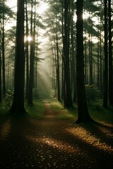 Fototapeta premium Blurred background of a forest with morning light bokeh.