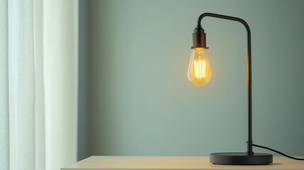 Industrial-style table lamp with black metal frame and Edison bulb on white surface.