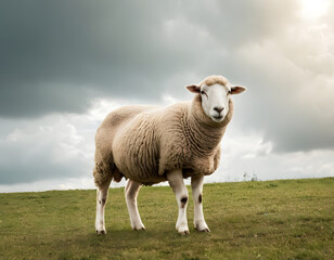 Obraz premium Eid ul-Adha background, one sheep on a cloudy white background. Muslim festival concept, Islamic religious background with copy space. A sheep in the field.