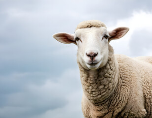 Fototapeta premium Eid ul-Adha background, one sheep on a cloudy white background. Muslim festival concept, Islamic religious background with copy space. A sheep on a blue sky background.