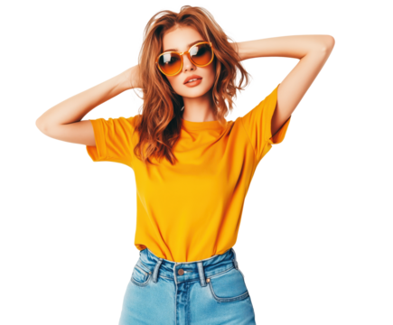 Stylish Woman in Yellow T-Shirt and Jeans - Fashionable Portrait Photography , isolated on white background PNG cut out