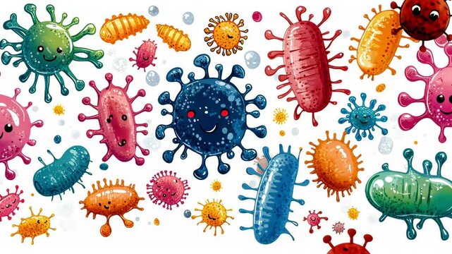 Colorful animation of playful microbes in a lively environment designed for educational purposes