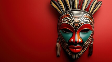 A vibrant African tribal mask with intricate geometric patterns and feathers is displayed against a rich red background offe a striking cultural artifact image.