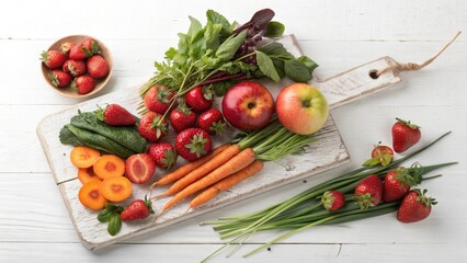 A colorful assortment of strawberries, carrots, apples, and leafy greens displayed neatly on a rustic white cutting board with bright natural lighting.