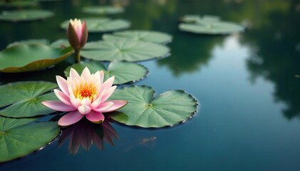 Water lilies form intricate floral pattern on calm lake surface, nature, image