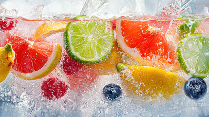 This refreshing image showcases a vibrant assortment of sliced fruits, including grapefruit, lime, lemon, and berries, all set against a backdrop of shimmering ice cubes. The colorful array of fruits 