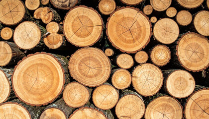 Stack of wooden stumps in cross section texture background - Wood woods forest long wide panorama banner pattern