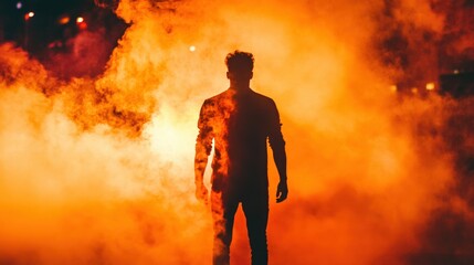 Silhouette of a person standing amidst fiery orange smoke or fog