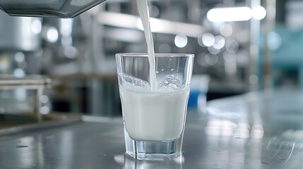 Milk is being poured from a container into a clear glass on a metallic surface. The stream of milk creates a smooth, creamy texture, highlighting the freshness and purity of the beverage.