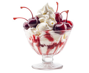 A Delightful Cherry Ice Cream Sundae - A Perfect Summer Treat , isolated on white background PNG cut out