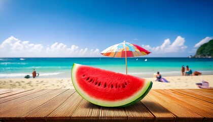 Fresh Watermelon on a Sunny Beach with Tropical Umbrella - Summer Vacation Concept