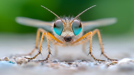 Fototapeta premium Fly with Striking Blue Eyes Macro Shot Insect Portrait