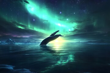 Fototapeta premium A whale breaching the surface of the ocean under the aurora borealis in the night sky above