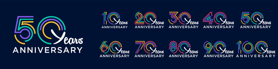 collection anniversary 10 to 100 year logo designs. abstract number for celebration event, wedding, greeting card, and invitation, vector illustration