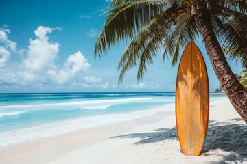 Surfboard and palm tree on the beach, surfing area. Travel adventure and water sport.