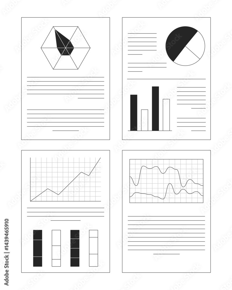 Poster business reports with charts and graphs 2d line objects set. data visualization. analytics. professi