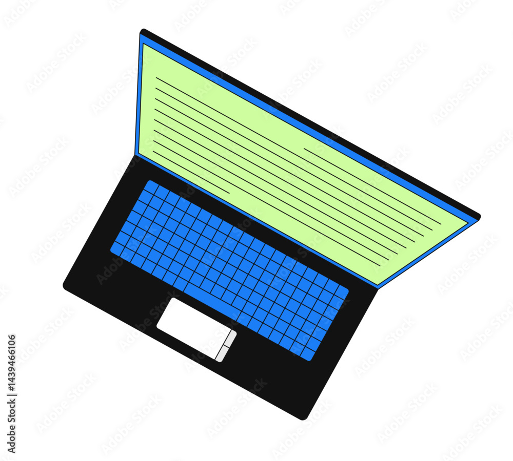 Poster modern angled laptop with screen filled with lines of data 2d cartoon object. overhead top view note