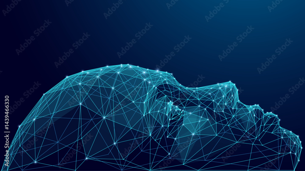 Poster abstract digital illustration of a humanoid robot head and ai human face in low poly wireframe style