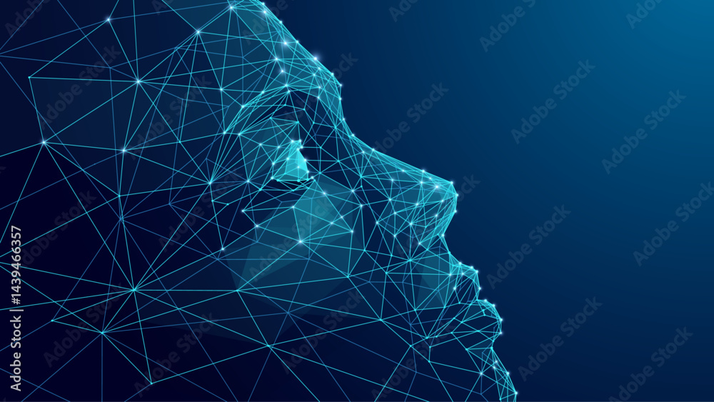 Poster A humanoid robot head. Close-up of an abstract AI human face sideways. A geometric low poly wireframe tech vector suitable for a presentation or tech articles. Digital technology blue background.  