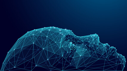 Abstract digital illustration of a humanoid robot head and AI human face in low poly wireframe style. Futuristic technology, artificial intelligence, and digital innovation concept.