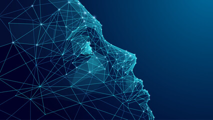 A humanoid robot head. Close-up of an abstract AI human face sideways. A geometric low poly wireframe tech vector suitable for a presentation or tech articles. Digital technology blue background.  