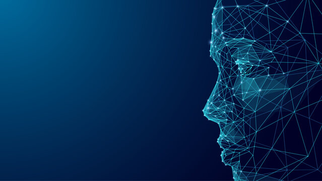 Abstract digital artwork of AI human face and robot head in low poly wireframe. Symbol of technology, artificial intelligence, and future innovation.