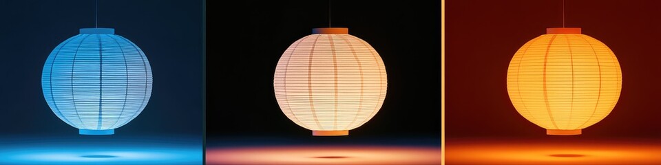 Obraz premium Three spherical paper lanterns in blue, white, and orange hues, hanging against contrasting backgrounds