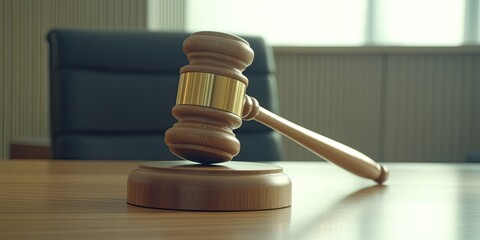 Obraz premium Wooden gavel rests on its block on a table