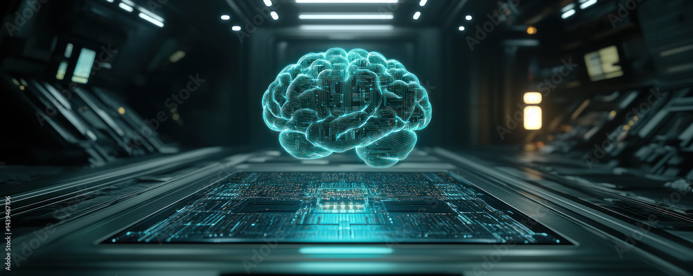 Poster a computer generated image of a brain with a blue glow. the image is of a futuristic setting, with a
