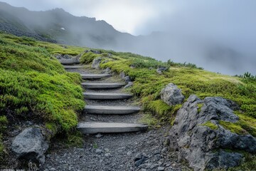 Misty Wooden Steps Trail Through Lush Japanese Alps Forest
