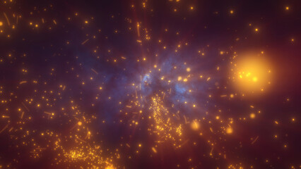 A glowing, golden abstract background with scattered light particles and smoky textures, resembling cosmic energy or fireflies in a misty atmosphere