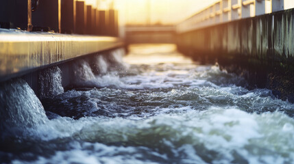 Flowing water creates serene atmosphere, with sunlight reflecting off surface, enhancing tranquil scene