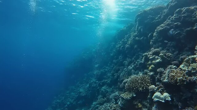 Underwater coral reef wall bathed in sunlight. Coral reef tropical fish in sunlight in the equatorial warm waters of the ocean, panoramic view