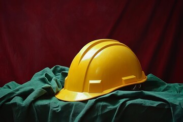 Bright yellow safety helmet on a green cloth background.