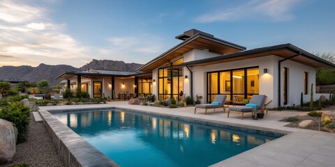 Modern house with pool at sunset, mountain views, luxury home, residential exterior, design inspiration
